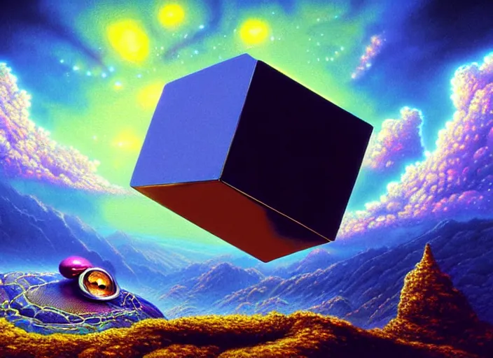 Prompt: hyper realistic detailed image of huge tungsten metallic cube pumped by pepe the frog on a slope, by ayami kojima, amano, beeple, greg hildebrandt, and mark brooks, mystical, rich deep colors, cinematic light, long cinematic shot, extremely detailed, very coherent symmetrical artwork, 8 k