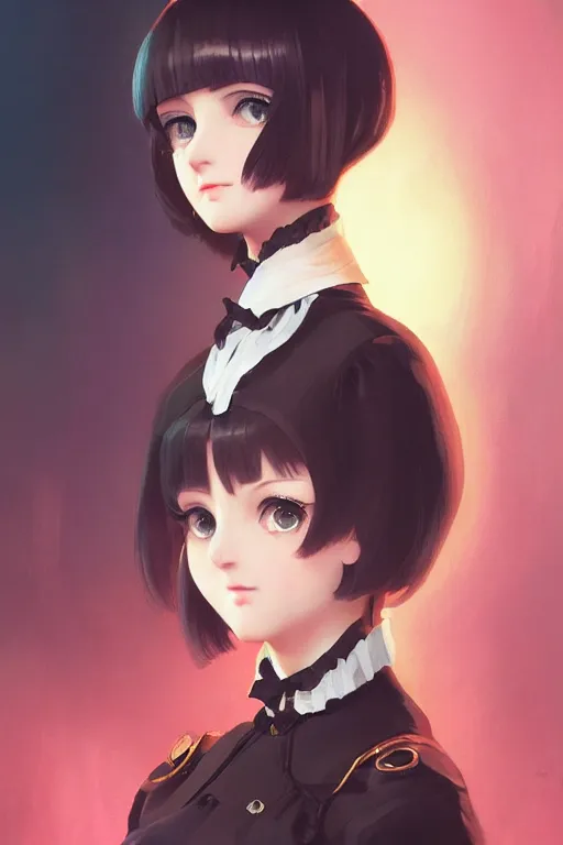 Image similar to a portrait of a cute young woman in a Victorian maid outfit with black bob cut hair, steampunk setting, vivid colors, soft lighting, atmospheric, cinematic, moody, in the style of Ilya Kuvshinov and Range Murata, Krenz Cushart, oil on canvas, 8k