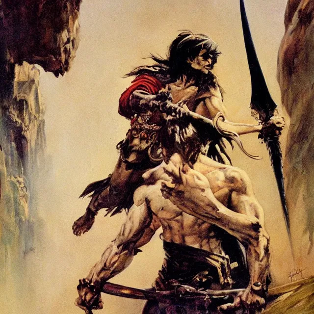 Image similar to highly detailed frank frazetta painting of lanky disheveled artist sorcerer holding scimitar in arabian surroundings