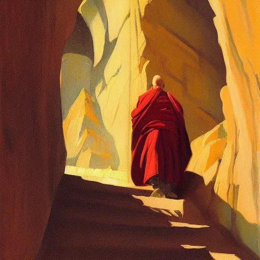 Prompt: sienna portrait of the astute monk crimson robe climbing the treacherous mountain stairway to the monastery jamie wyeth james gilleard edward hopper greg rutkowski acrylic painting