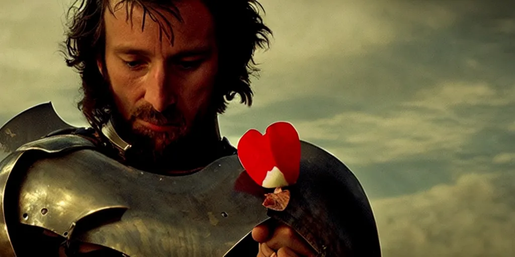 Image similar to film still of closeup the knight holds a bleeding heart in his hand by emmanuel lubezki