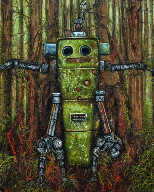 Image similar to detailed oil painting of a decayed, rusty, robot, covered in moss, in a forest, painted by Greg Rukowtski, sunlight