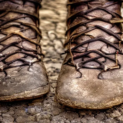 Prompt: a photo of a ancient medieval nike shoes, 4 k, ƒ / 8, focal length : 5 0 mm, hyper detailed