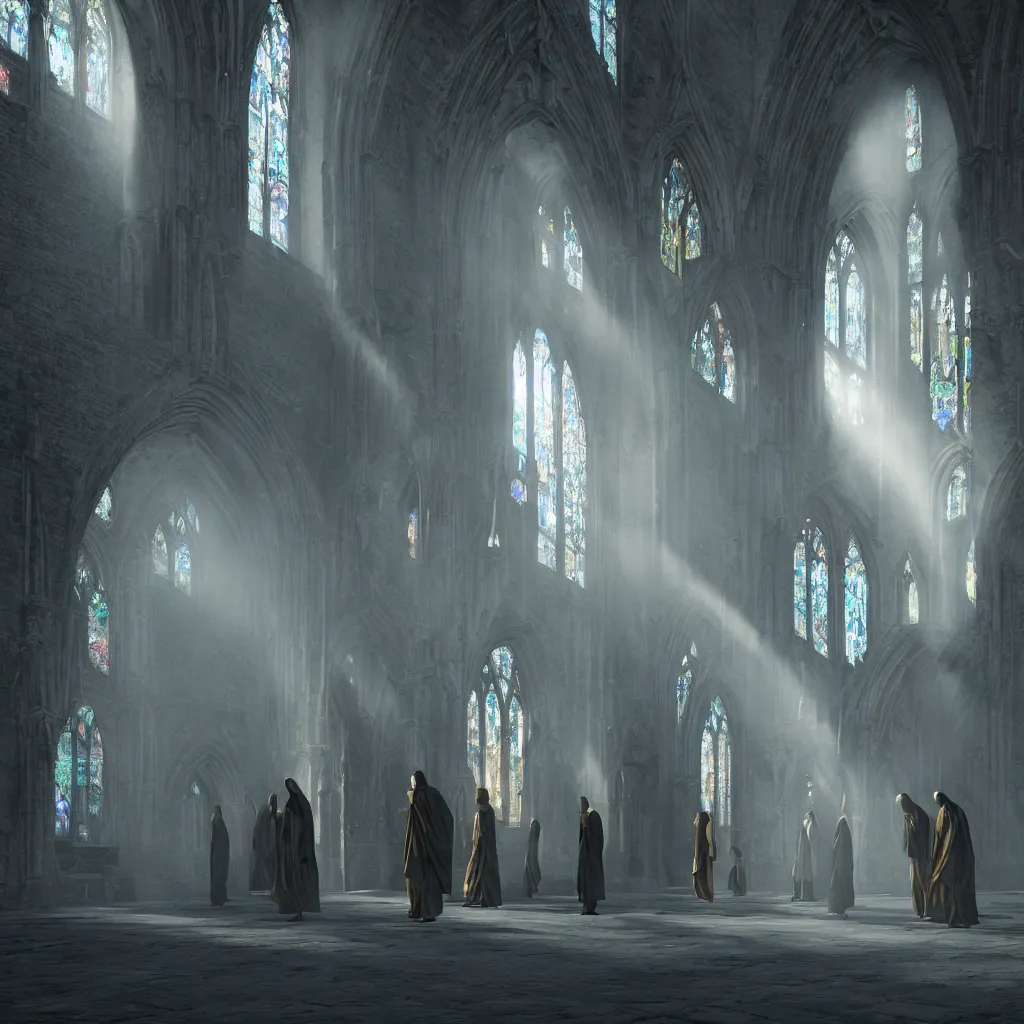 Prompt: Photorealistic strange dark monks perform a ritual in a ruined cathedral. Colorful Light shines through stained glass windows. Ominous mist. occult photorealism, UHD, amazing depth, glowing, golden ratio, 3D octane cycle unreal engine 5, volumetric lighting, cinematic lighting, cgstation artstation concept art