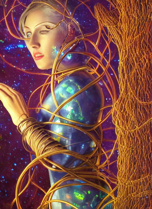 Prompt: oil painting of android woman immersed in the mystical tree, druid goddess, opal, geode, retro futurism, renaissance painting, baroque, steampunk, golden jewellery, shining crystals, cords and wires, vr googles, filigree, biomechanics, cinematic light, 8 k