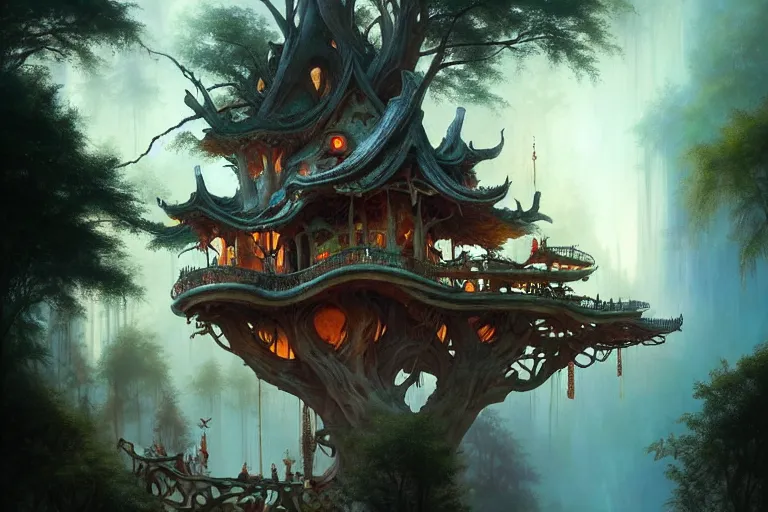 Prompt: treehouse from gaudi in a deep mystical forest , floating chinese lampoons, lake, waterfall, tall people walking and discussing, dynamic lighting, art by peter mohrbacher and john howe on artstation, mix with rivendell architecture, night mood