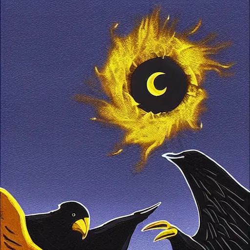 Image similar to A kenku raven wearing frayed yellow robes while worshipping a solar eclipse!!!!. Detailed. D&D. Solar eclipse in background.