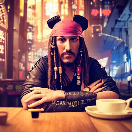 Image similar to a high quality portrait of a beautiful pirate in a cyberpunk cyberpunk cyberpunk cafe, realism, 8k, award winning photo