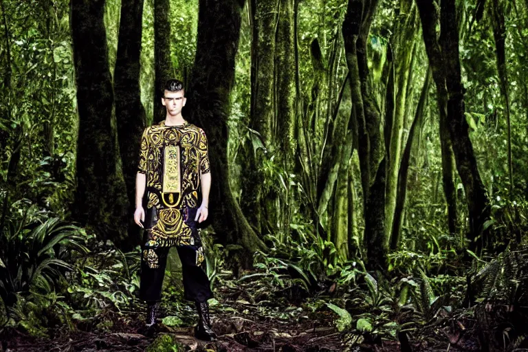 Image similar to versace avant garde male tunics intricate modern choatic textiles streetwear cyberpunk posing in the jungle woods cloudy overcast dark dramatic mysterious 3 5 mm professional