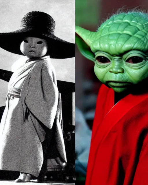 Image similar to Donald Trump as Ogami Ittō in Lone Wolf and Cub and Baby Yoda as Daigorō, photorealistic, Cinematic, Japanese