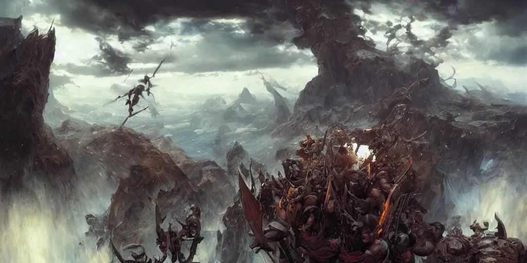 Prompt: epic battle barbarian norse gods thunder inverted landscape hanging from the sky two worlds facing each other horizontal symmetry inception good composition artstation illustration sharp focus sunlit vista painted by ruan jia raymond swanland lawrence alma tadema zdzislaw beksinski norman rockwell tom lovell alex malveda greg staples