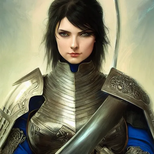 Image similar to woman dressed in plate armor with black hair and blue eyes wielding a greatsword, elegant, digital illustration, fire magic, detailed, intricate, sharp focus, digital painting, deep focus, digital painting, artstation, concept art, matte, art by artgerm and greg rutkowski and alphonse mucha