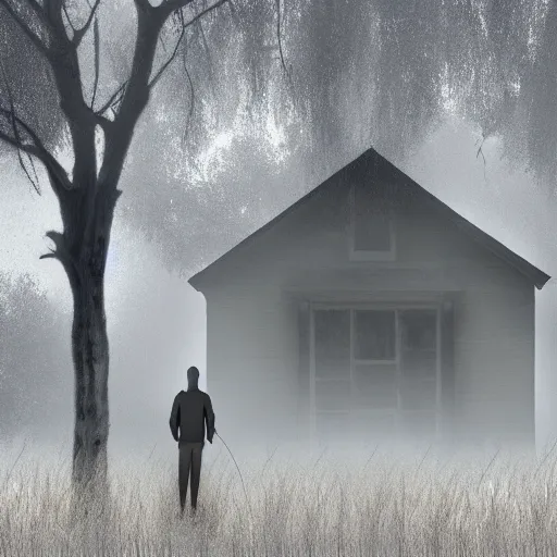 Prompt: a man's shadow near the dilapidated house in the wilderness, fog, digital art