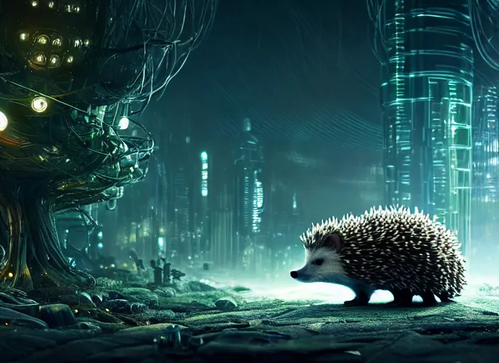 Prompt: intricate hedgehog with optic fibers growing out of it's back, on the background of a weird magical mechanical forest. Very detailed 8k. Fantasy cyberpunk horror. Sharp. Cinematic post-processing. Unreal engine. Nanite. Ray tracing. Parallax. Tessellation