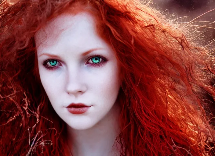 Image similar to award winning 5 5 mm close up face portrait photo of a redhead with blood - red wavy hair and intricate eyes that look like gems, in a park by luis royo