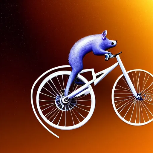 Image similar to a stainless steel bike, made of swiss cheese wheels, a cartoonish rat riding the bike on the surface of the moon and, digital painting, greg rutowski, artstation