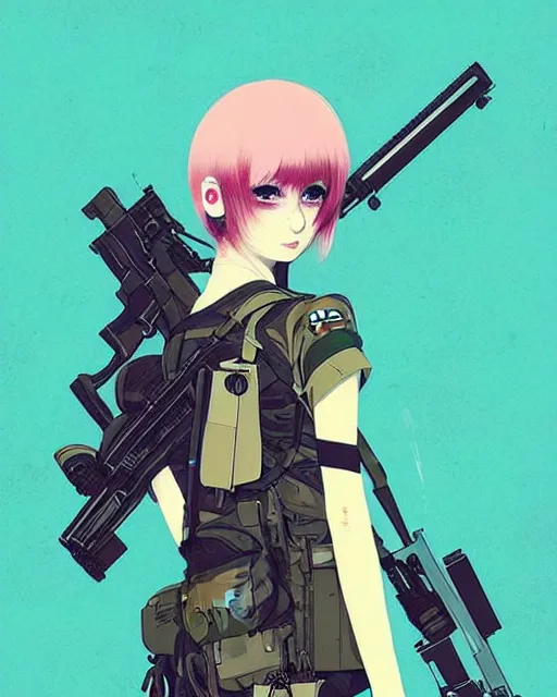 Image similar to girl with tactical gear, very anime!!! anime!! intricate details, aesthetically pleasing pastel colors, poster background, aesthetic details, art by conrad roset and ilya kuvshinov