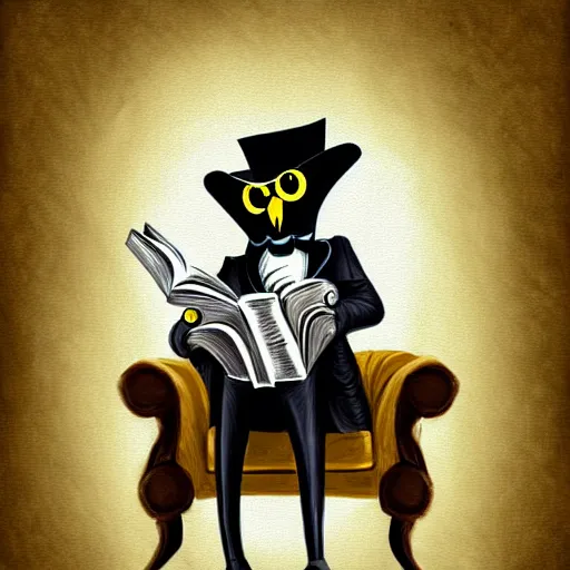 Prompt: a well-dressed owl wearing a monocle and a top hat, sitting in an armchair and reading a book, digital painting, concept art