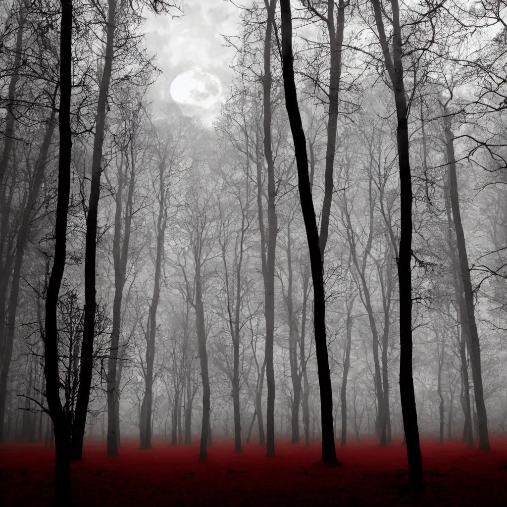 Image similar to Eerie forest at night, shadows, red moon in background