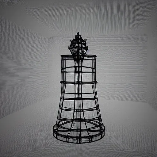 Prompt: underexposed film of a chess piece wireframe mesh model, low poly