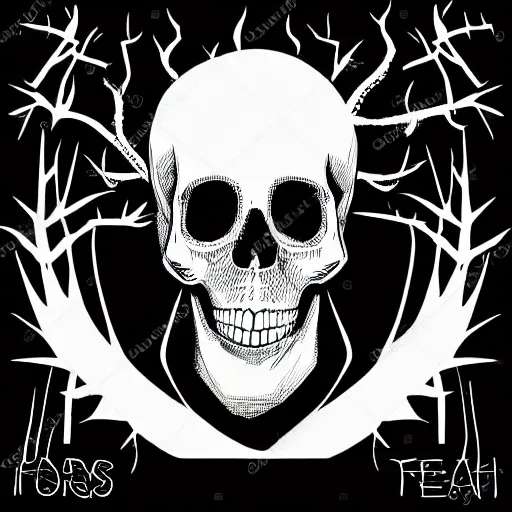 Image similar to dark death metal themed vector illustration for a record label, trees. forest, spikes, skull, microphone, skull, award winning, grunge, iconic, golden ratio