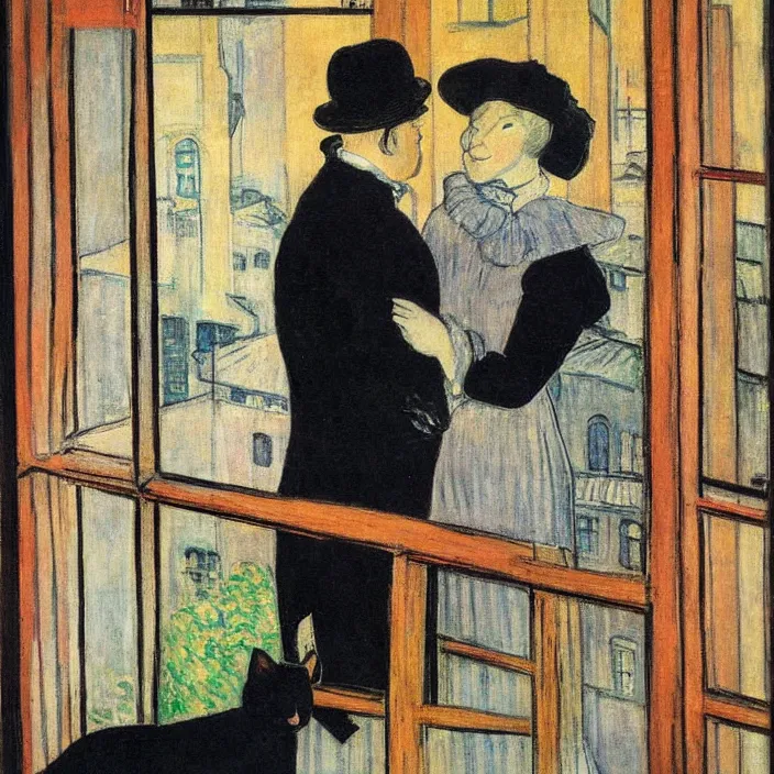 Prompt: couple under a baldachin with city seen from a window frame. fuzzy black cat. henri de toulouse - lautrec, utamaro, matisse, monet, rene magritte