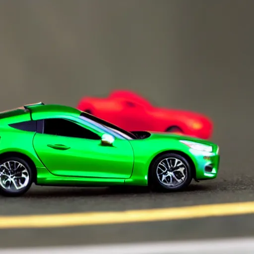 Image similar to a red haired woman driving a Jada toys mitsubishi eclipse green diecast car, high resolution macro photo, viewed through the cars window