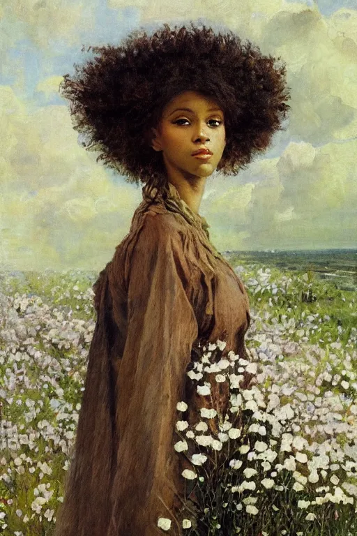 Prompt: close - up fashion afro woman portrait airy flowers cloudy sky art by vasnetsov