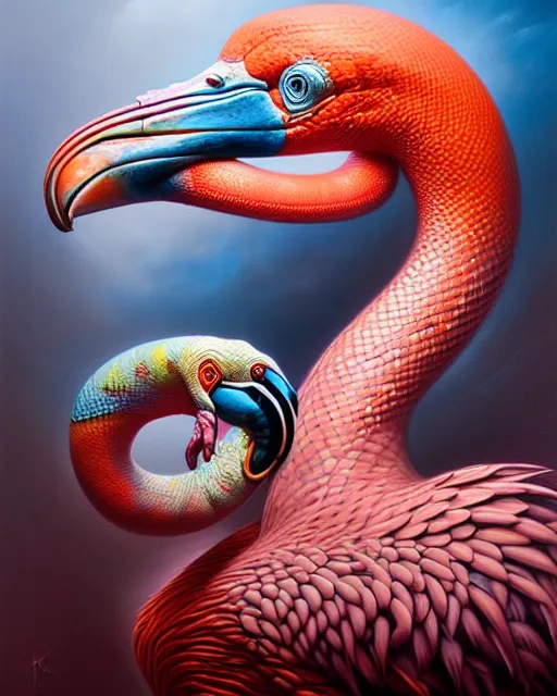 Image similar to a detailed portrait of dreampunk flamingo python hybrid mix by tomasz alen kopera and peter mohrbacher