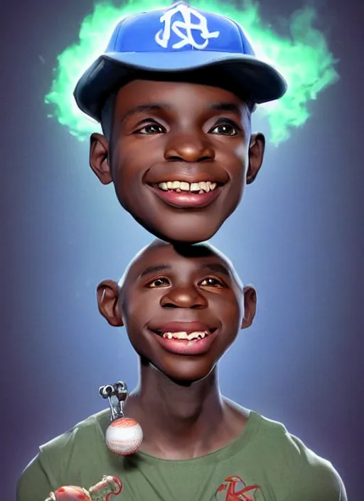 Prompt: caricature style - portrait - art of a nigerian boy wearing a baseball cap with wires and computer chips dangling from inside, character concept art, art style by frank frazetta & james jean, vfx art, volumetric light, ray tracing, digital illustration, colourful, claymation, unreal engine render, sharp, intricate detail, behance, artstation, pinterest,