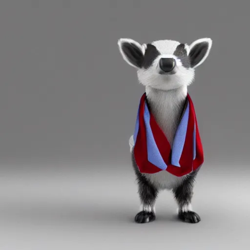 Image similar to a humanoid friendly badger walking on white background towards the camera, he‘s wearing a red neckerchief, digital render