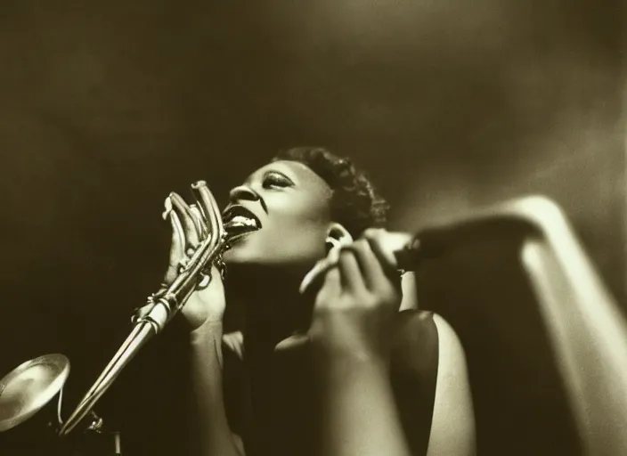 Prompt: a photograph of a black jazz singer, 1 9 3 0 s jazz club, smokey room, medium low angle, spotlight on singer