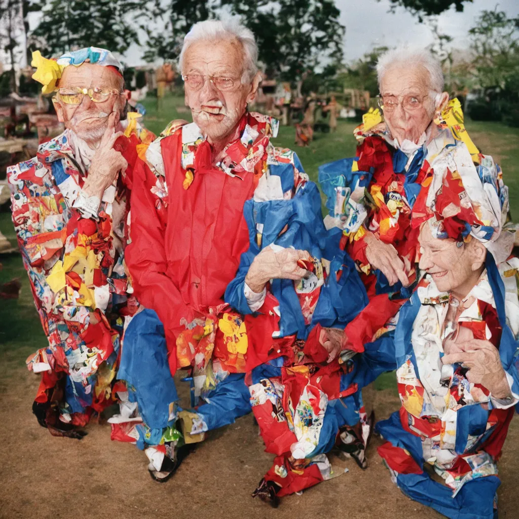 Prompt: a martin parr photo of a grandpa couple, wearing weird trash costumes, fujifilm velvia 5 0