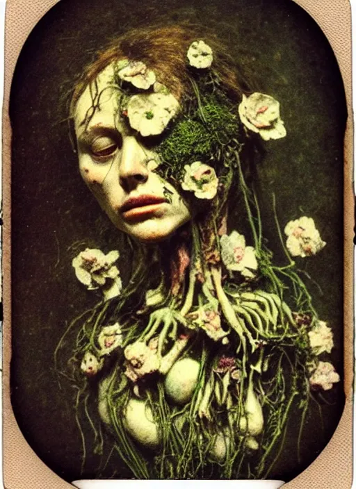 Image similar to beautiful and detailed rotten woman made of plants and many different types of flowers, muscles, intricate, organs, ornate, surreal, john constable, guy denning, gustave courbet, caravaggio, 1 9 1 0 polaroid photo