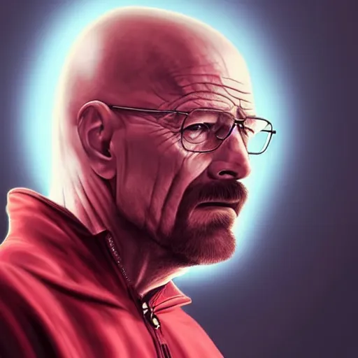 Image similar to walter white's head coming out of a red mist, epic, trending on artstation, profile pic, centered, accurate anatomy, highly detailed, digital art,