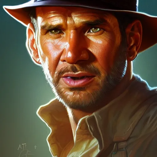 Image similar to portrait of indiana jones, intricate, headshot, highly detailed, digital painting, artstation, concept art, sharp focus, cinematic lighting, illustration, art by artgerm and greg rutkowski, alphonse mucha, cgsociety,