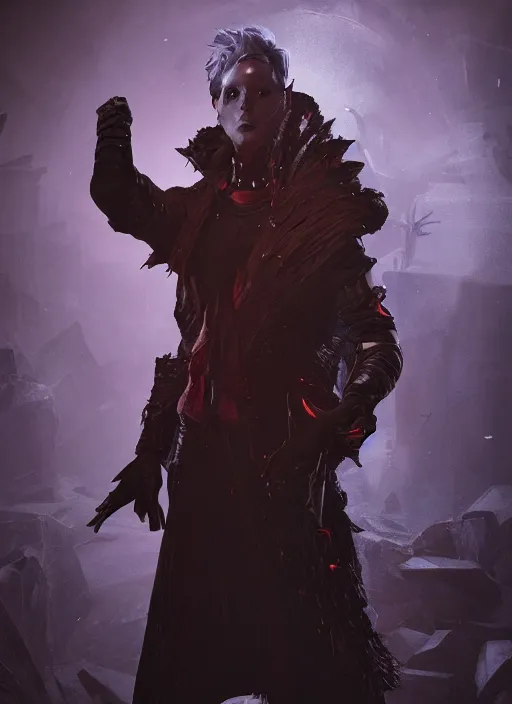 Image similar to A mixed media portrait painting of a fantasy vampire as a Sorcerer in a atmospheric dark fortress, unreal 5, DAZ, hyperrealistic, octane render, RPG portrait, ambient light, dynamic lighting