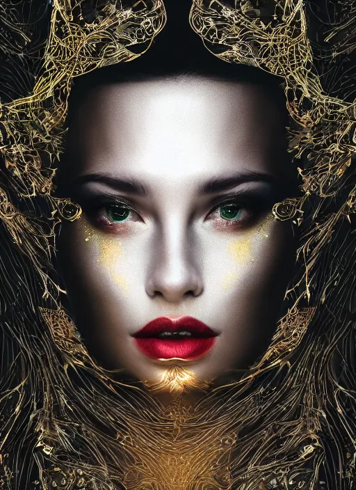 Image similar to glowing silver and golden elements, full close-up portrait, vector dark witch from unsplash, book cover, green forest, white moon, red lips, establishing shot, extremly high detail, photo-realistic, cinematic lighting, pen and ink, intricate line drawings, by Yoshitaka Amano, Ruan Jia, Kentaro Miura, Artgerm, post processed, concept art, artstation, matte painting, style by eddie mendoza, raphael lacoste, alex ross