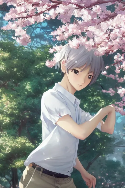 Image similar to a beautiful charming and dreamlike japanese boy in white shirt, sakura background, character art, art by makoto shinkai, artgerm lau and kyoung hwan kim and and ilya kuvshinov and john singer sargent, hyperdetailed, 8 k realistic, symmetrical, frostbite 3 engine, cryengine, dof, trending on artstation, digital art