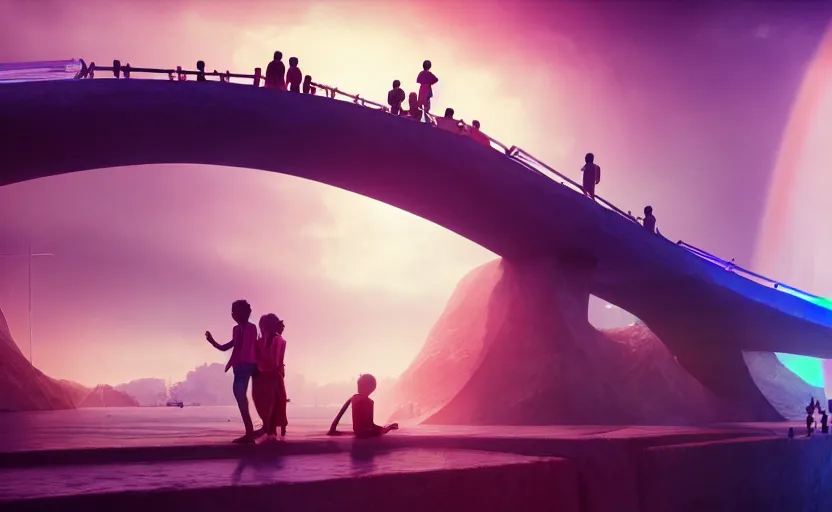 Image similar to incredible, mindblowing, refugees crossing a beautiful bridge made of rainbow hardlight, floating city in the sky, matte painting, artstation, cgsociety, dramatic lighting, concept art, octane render, arnold 3 d render