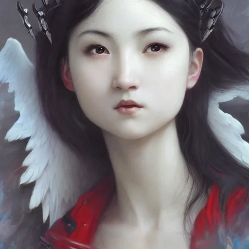 Image similar to Beautiful pale angelic goth asian girl with angel wings and devil\'s horns, warhammer 40000 masterpiece 4k digital illustration by Ruan Jia and Mandy Jurgens and Artgerm and william-adolphe bouguereau, highly detailed, trending on artstation, award winning,