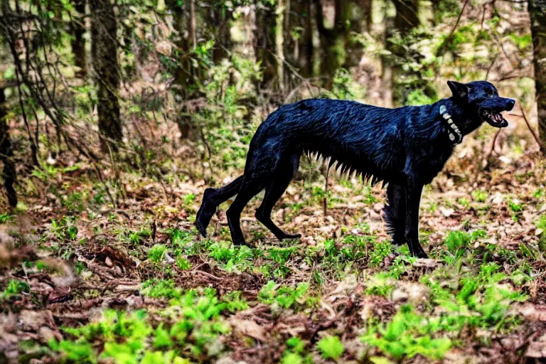 Image similar to canine werecreature, color photograph captured in the woods