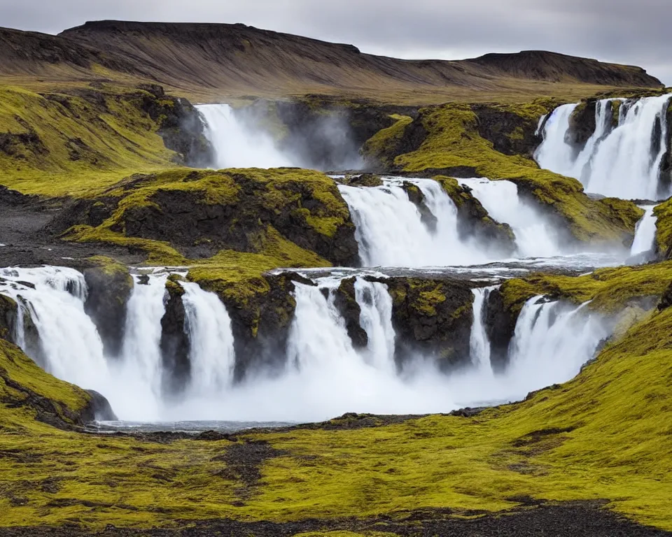 Image similar to an icelandic landscape, waterfall, hyper - realistic