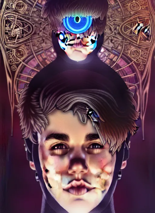 Image similar to portrait of justin bieber glowing eyes, volumetric lights, feast, music notes, art nouveau botanicals, gothic, intricate, highly detailed, digital painting, artstation, concept art, smooth, sharp focus, symmetric face, illustration, steampunk, art by artgerm and greg rutkowski and alphonse mucha