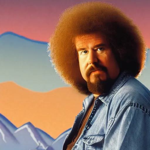 Prompt: a closeup photorealistic photograph of bob ross as kenny powers. mountains and trees. film still. brightly lit scene. this 4 k hd image is trending on artstation, featured on behance, well - rendered, extra crisp, features intricate detail, epic composition and the style of unreal engine.