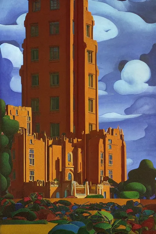 Image similar to view of the mysterious blue tower in its gardens after a storm, tall windows lit up, beautiful ornamental architecture, dramatic cinematic lighting, rich colors, by Nicholas Roerich and William Dyce and Ludwig Deutsch and April Gornik and Sylvain Sarrailh