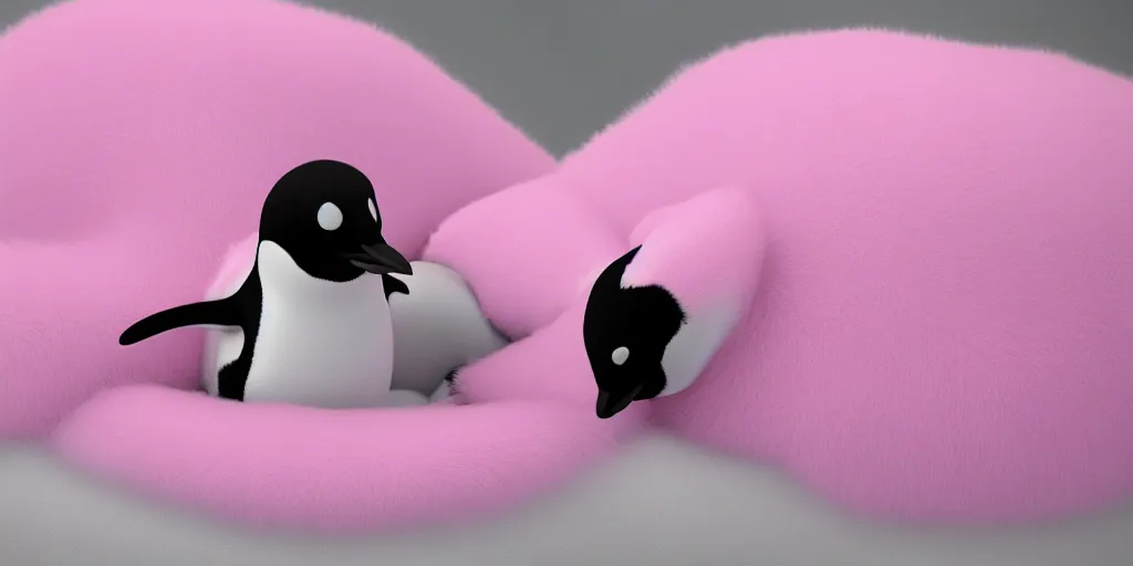 Image similar to realistic penguin in an pink fluffy bed, unreal 5