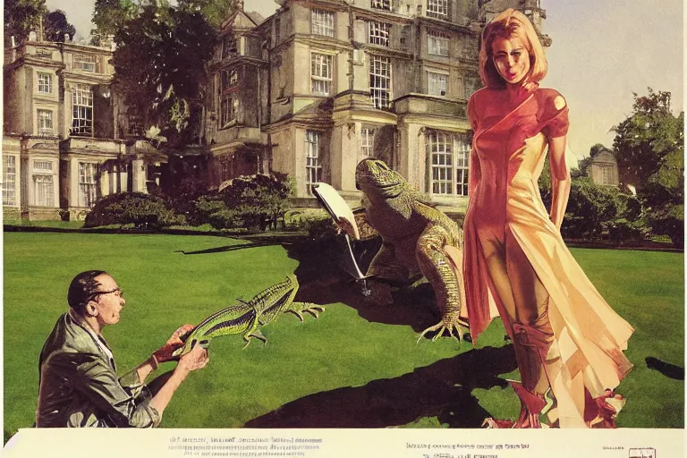 Image similar to pulp scifi illustration, elegant woman meets lizard alien on lawn of beautiful english stately home, spacehip lands, by norman rockwell, david curtis, jack kirby, john berkey, bergey, craig mullins, ruan jia, raymond swanland, jeremy mann, beksinski, tom lovell, alex malveda, schomburg