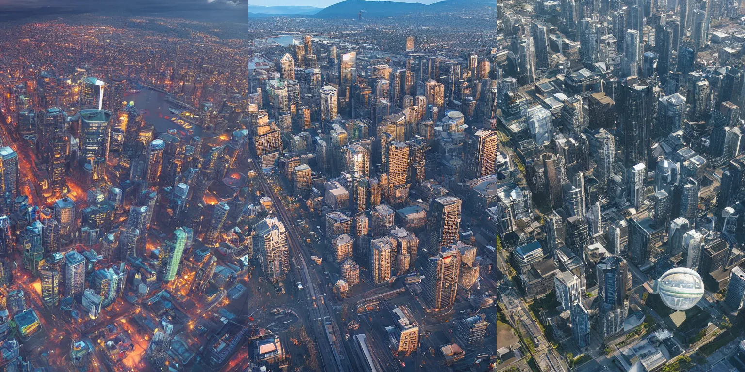 Prompt: Aerial View of Downtown Vancouver British Columbia visited by a large UFO, an epic painting, glinting metal, volumetric lighting, intricate, elegant, highly detailed, digital painting, artstation, concept art, smooth, sharp focus, art by Maciej Kuciara, daily deviation, specular