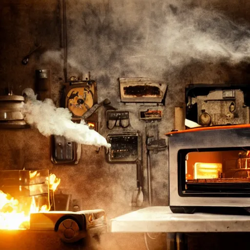 Image similar to toaster oven, dark messy smoke - filled cluttered workshop, dark, dramatic lighting, orange tint, cinematic, highly detailed, sci - fi, futuristic, movie still